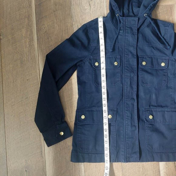 J. Crew Navy Resin-Coated Twill Jacket with Hood - Picture 13 of 15